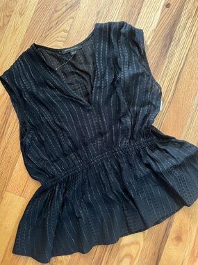 Banana Republic Black Sleeveless V-Neck Peplum Top with Subtle golden Stripe